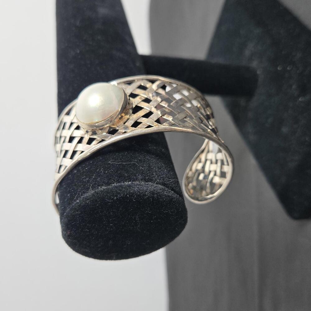 Sterling Silver Basket Weave Cuff Bracelet Pearl Modernist Open Lattice 925
